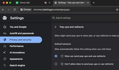 Allow Pop-ups from any sites - Convo Call